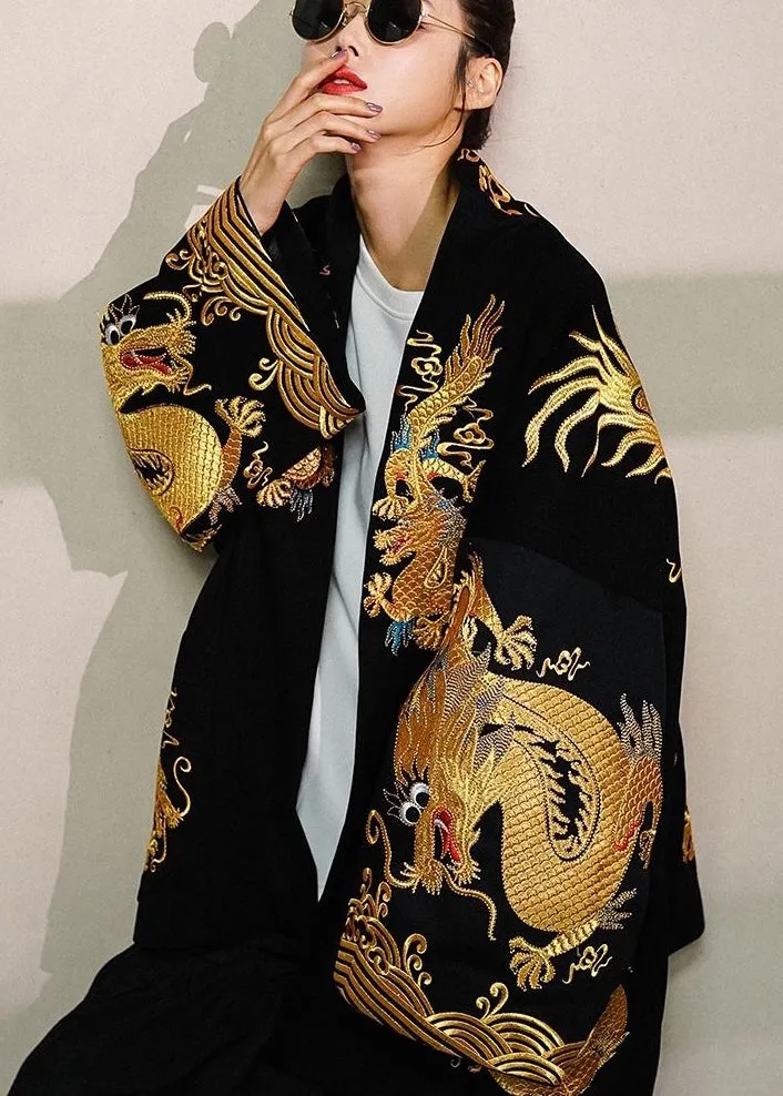 2023 Trendy Gold Printed Dragon Oversized Cotton Cardigan Jacket