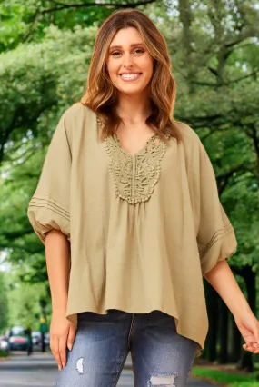 3/4 Sleeve top With Tie Up Front  - Sage