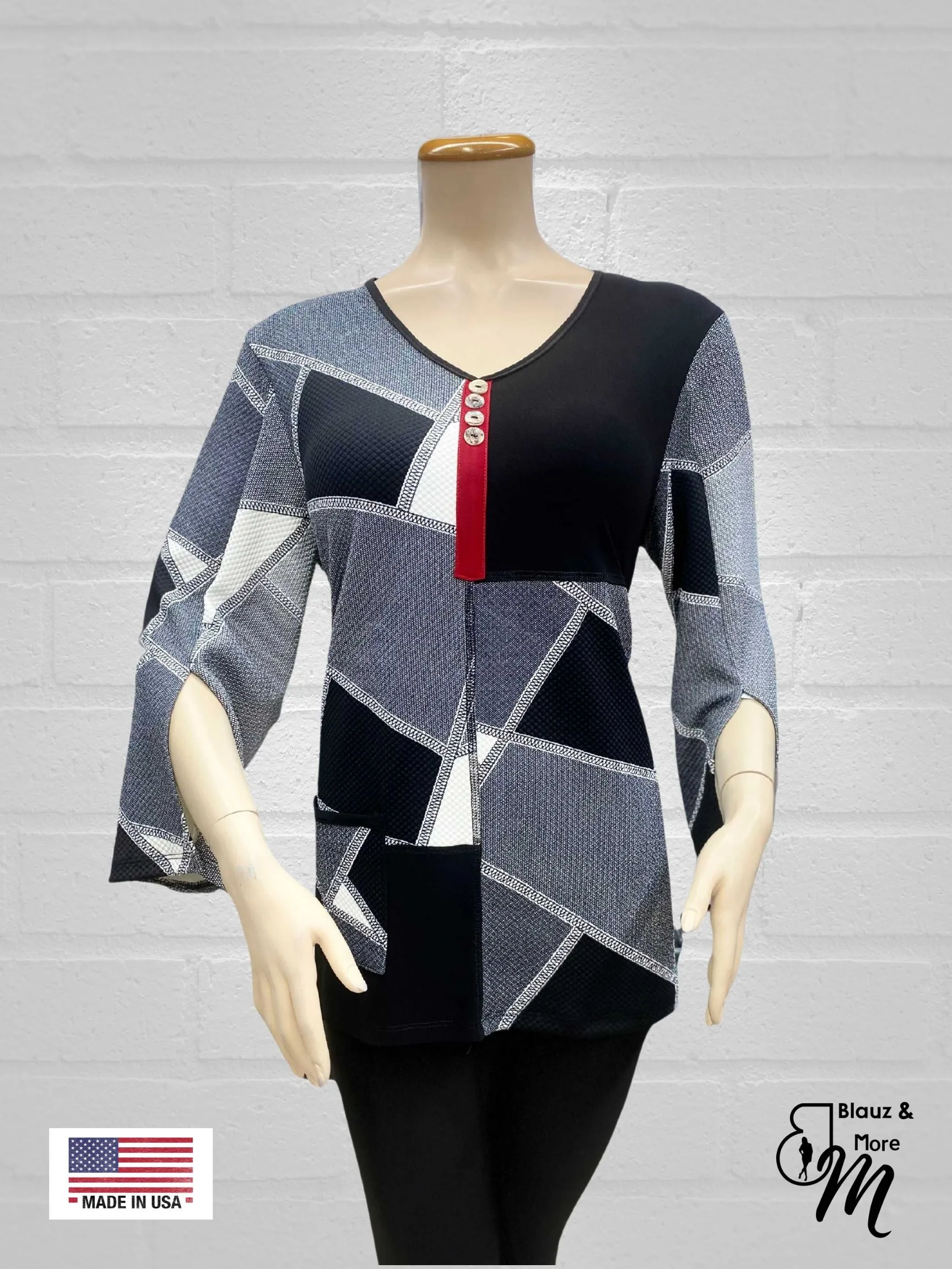 3/4 Slit Sleeve Printed V Neck half Placket color block Tunic Top with buttons and elegant pocket - T607