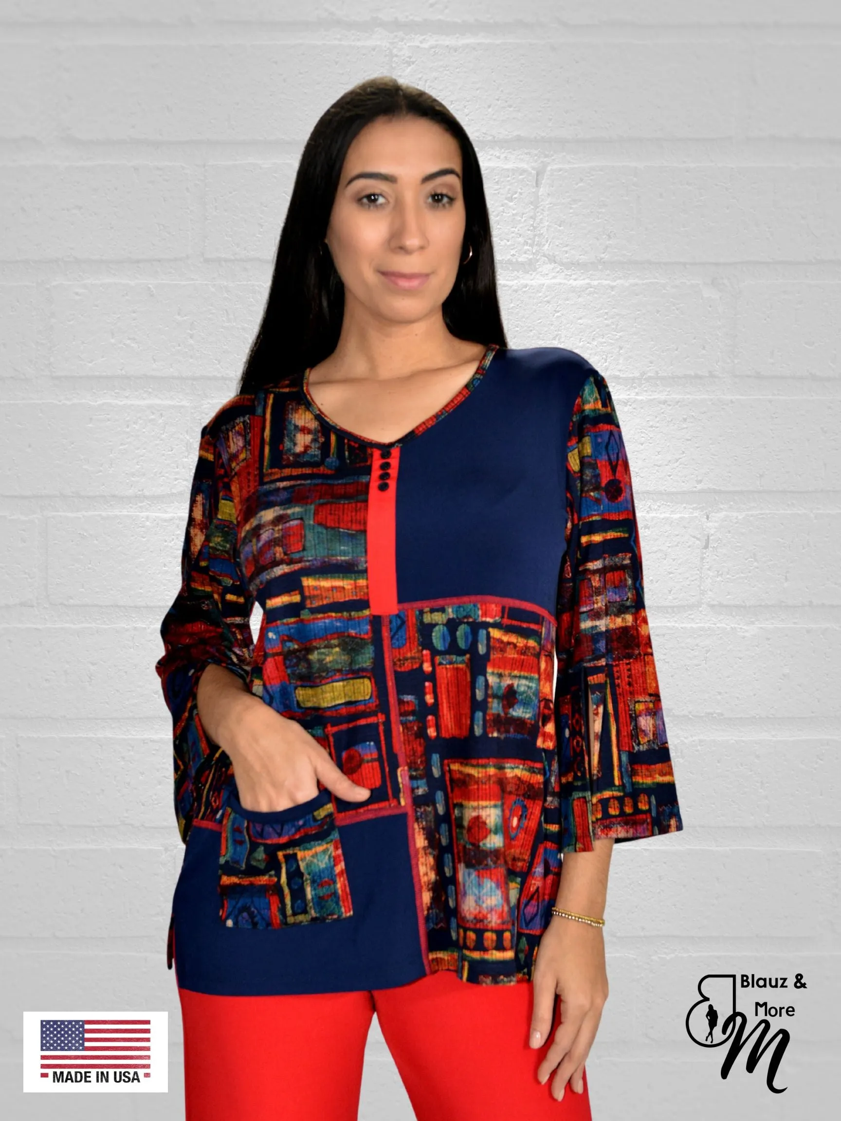 3/4 Slit Sleeve Printed V Neck half Placket color block Tunic Top with buttons and elegant pocket - T607