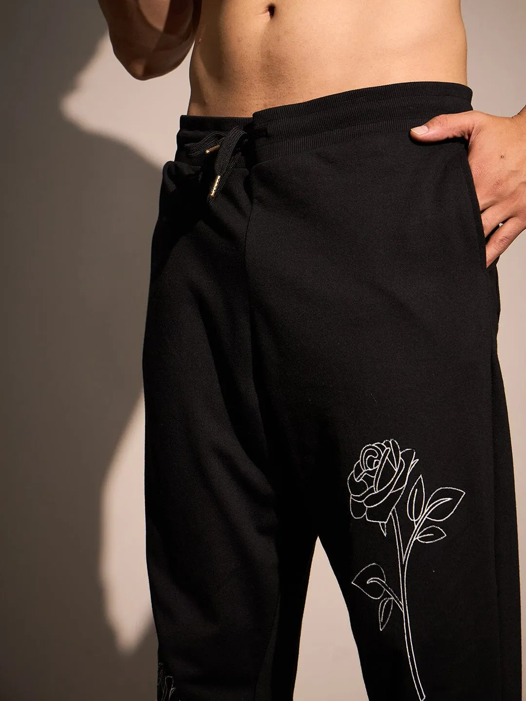 Black Rose Embroidered Relaxed Fit Joggers