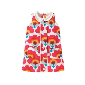 Bright Floral A-Line Dress with White Collar for Girls