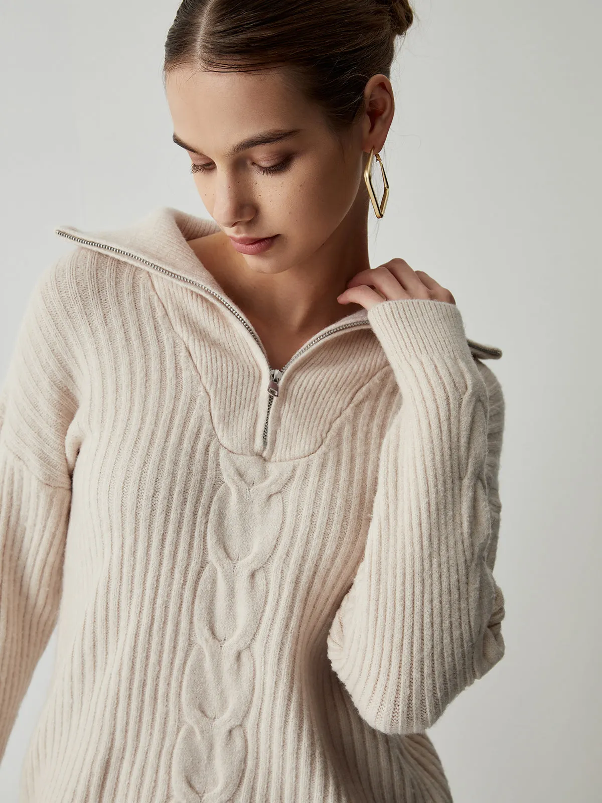 Cable Knit Open Trendy Collar Half Zip Sweater