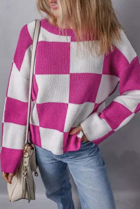 Checkered Round Neck Baggy Sweater