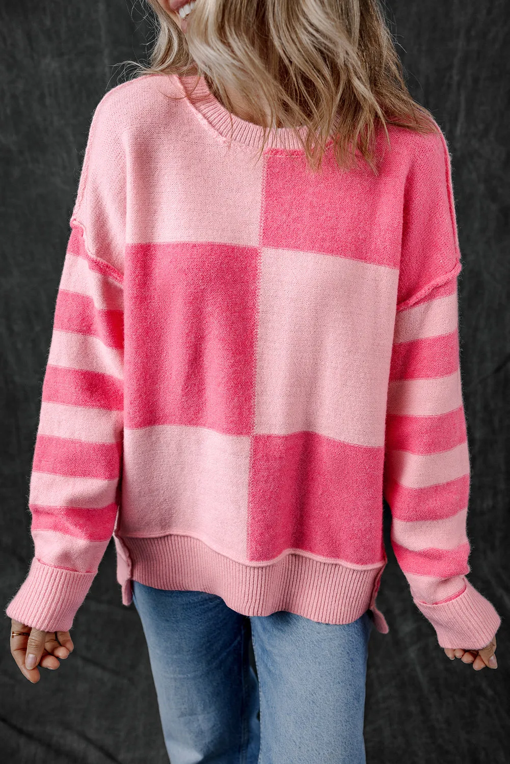 Checkered Striped High Low Loose Sweater