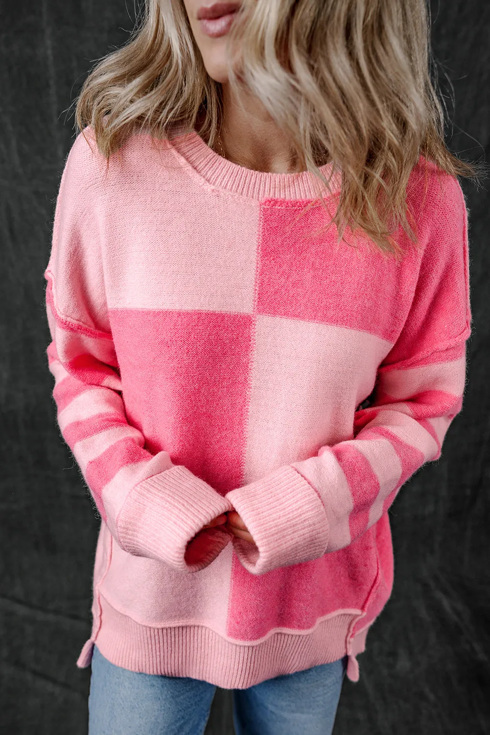 Checkered Striped High Low Loose Sweater