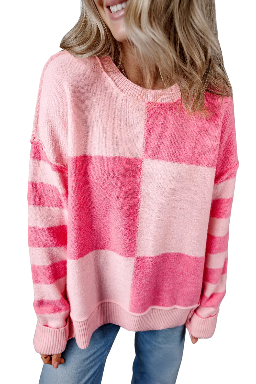 Checkered Striped High Low Loose Sweater