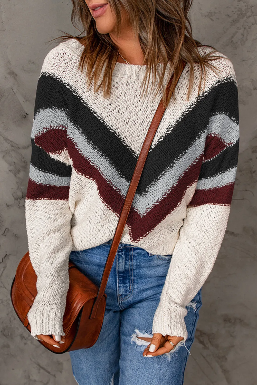 Chevron Striped Drop Shoulder Sweater