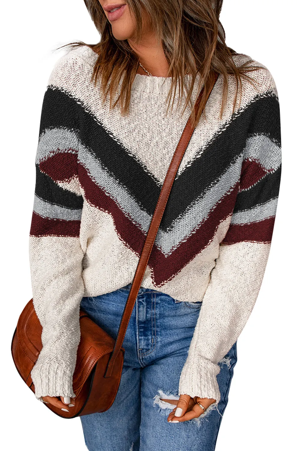 Chevron Striped Drop Shoulder Sweater