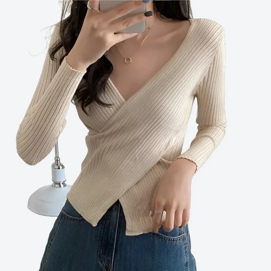 Chic Ribbed Wrap Style Tops