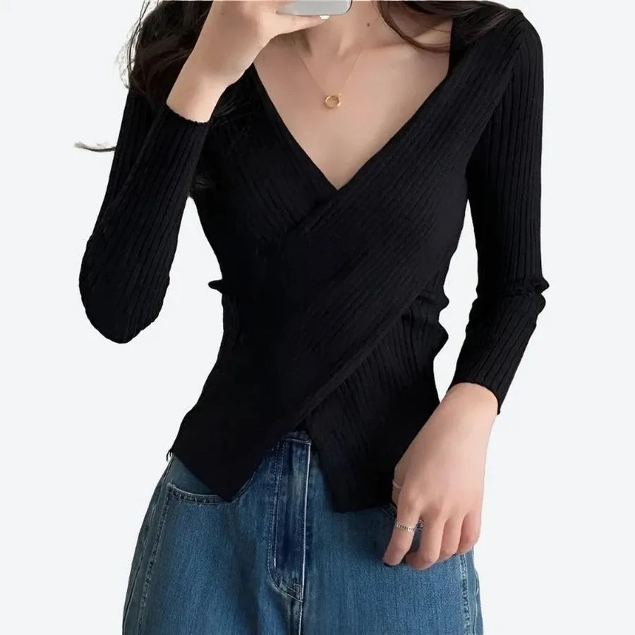 Chic Ribbed Wrap Style Tops