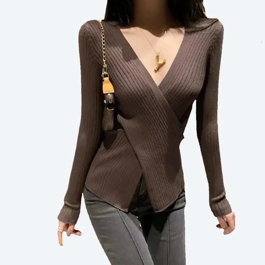 Chic Ribbed Wrap Style Tops