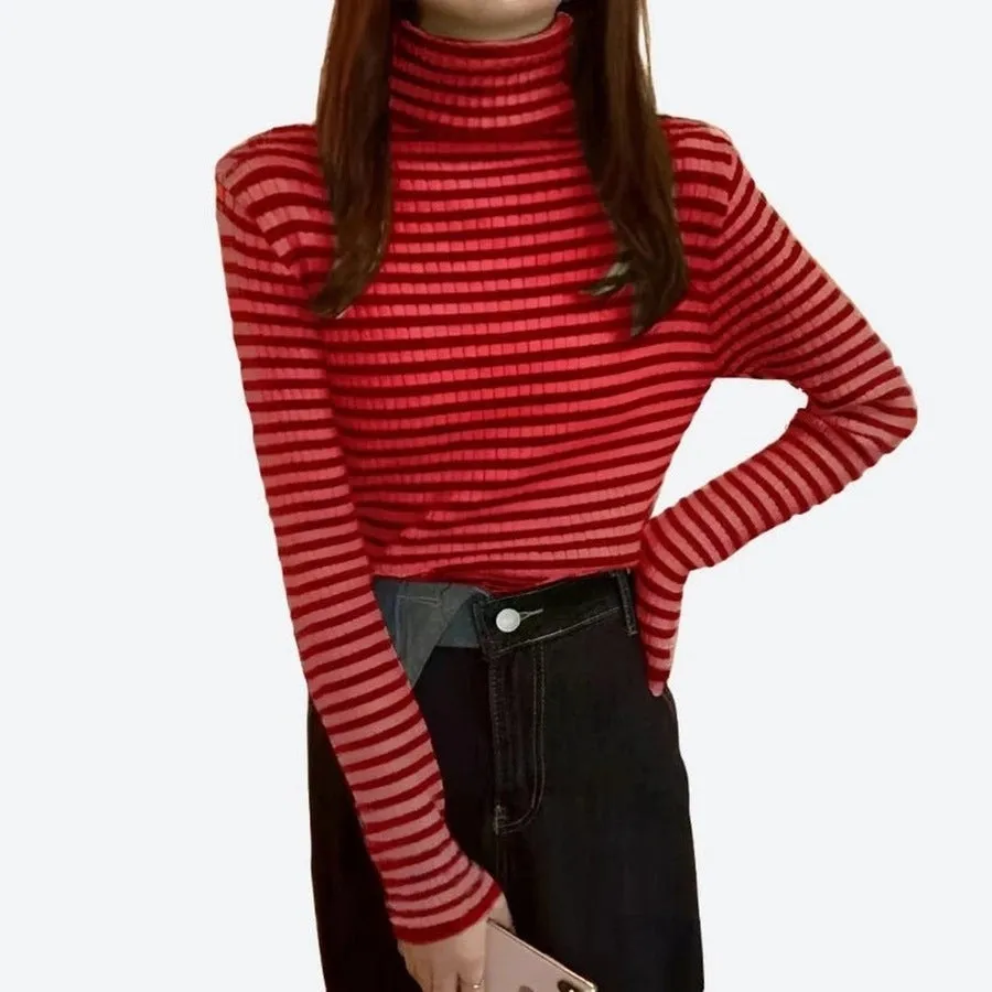 Chic Striped Turtleneck Long-Sleeve Tops