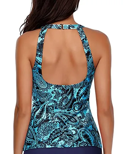 Deep Open Back High Neck Tankini Top With Padded Push Up Bra-Blue Paisley