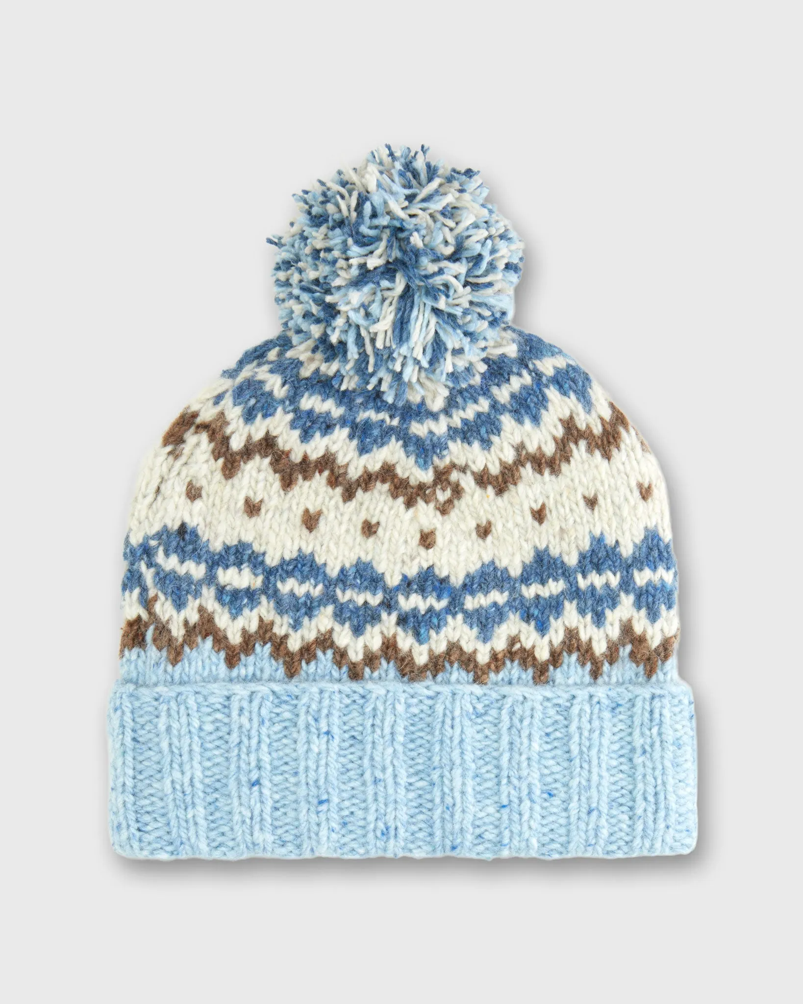 Fair Isle Pom-Pom Beanie in Blue/Brown/Ivory Wool Blend