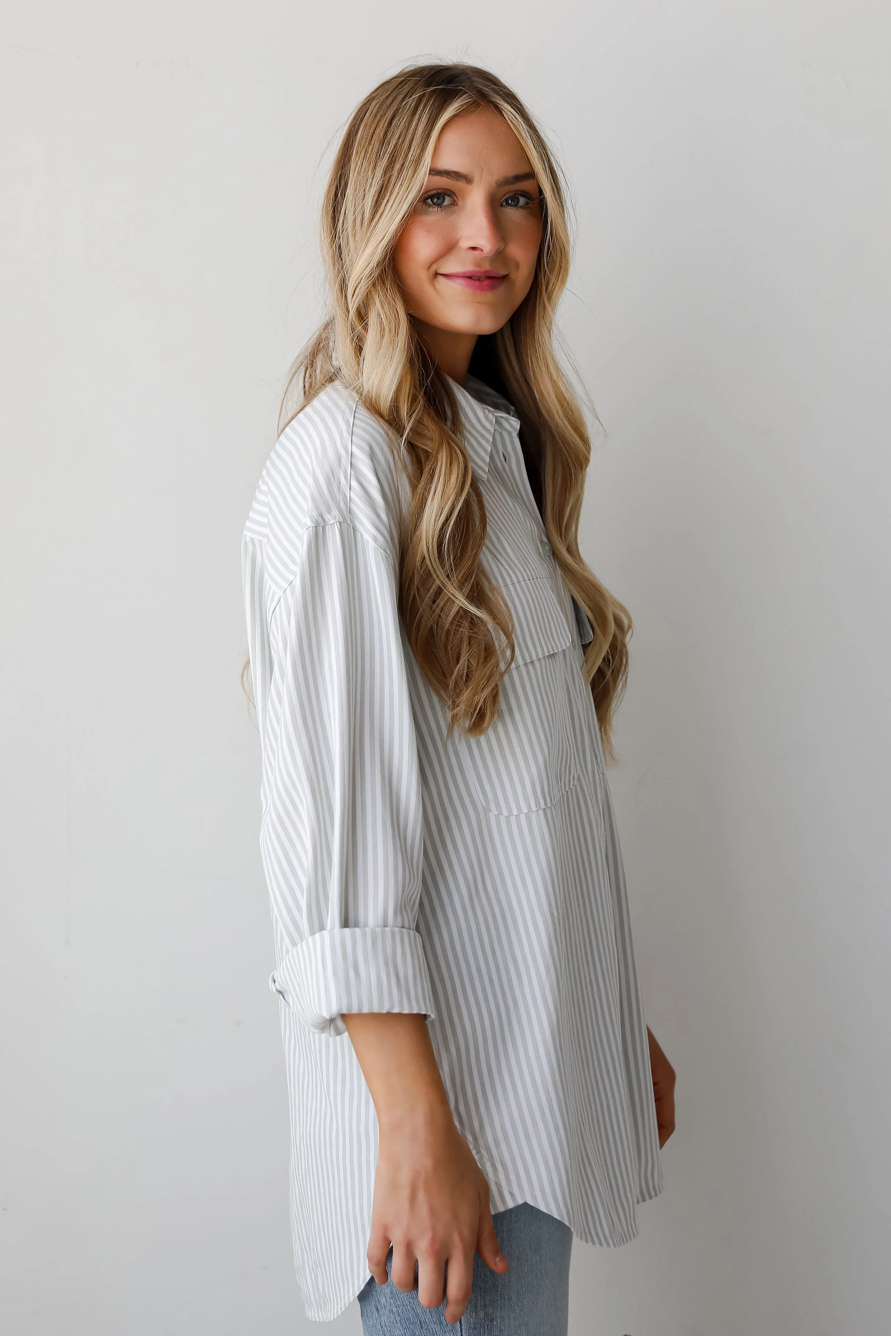 FINAL SALE - Easygoing Mentality Sage Striped Button-Up Blouse