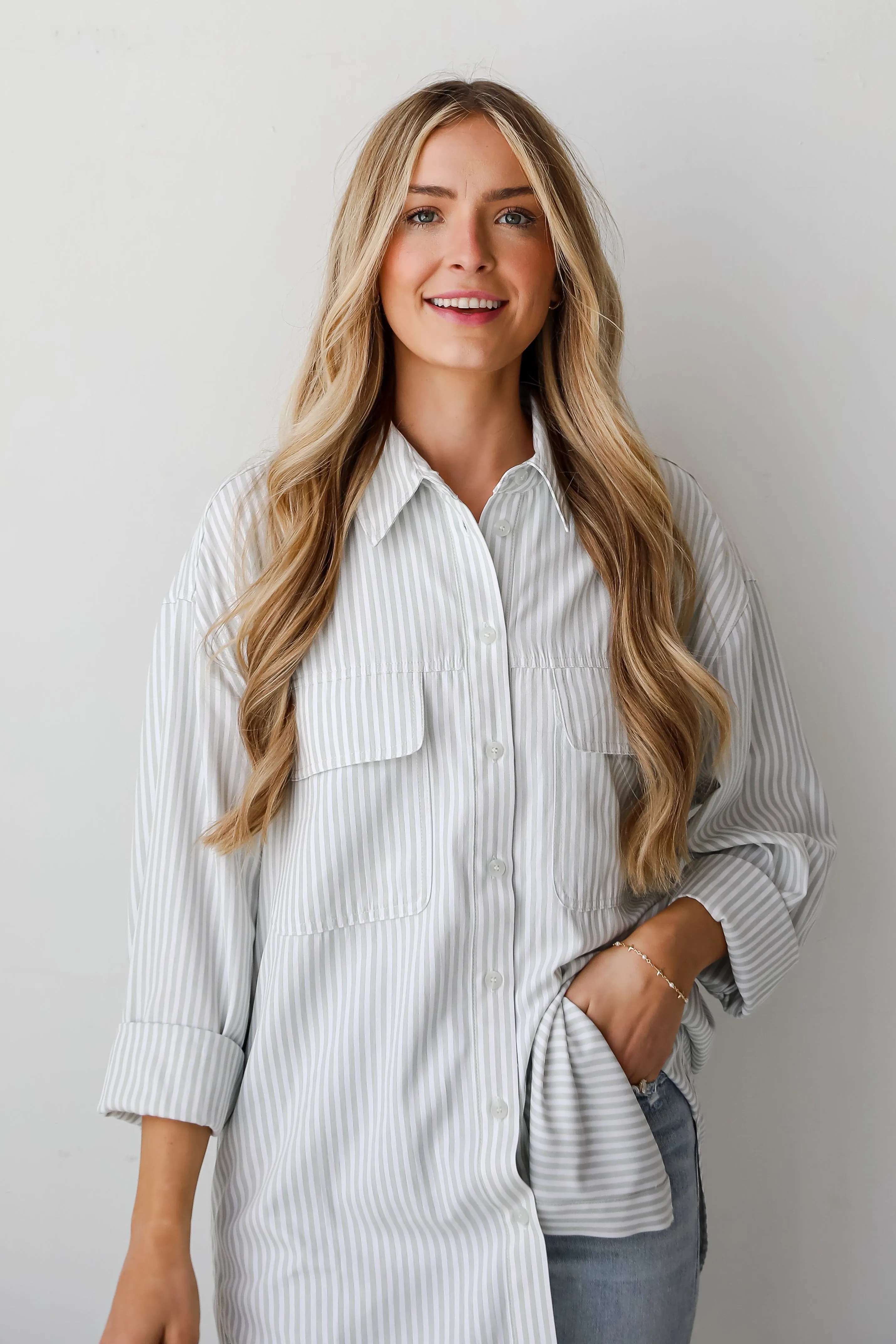 FINAL SALE - Easygoing Mentality Sage Striped Button-Up Blouse