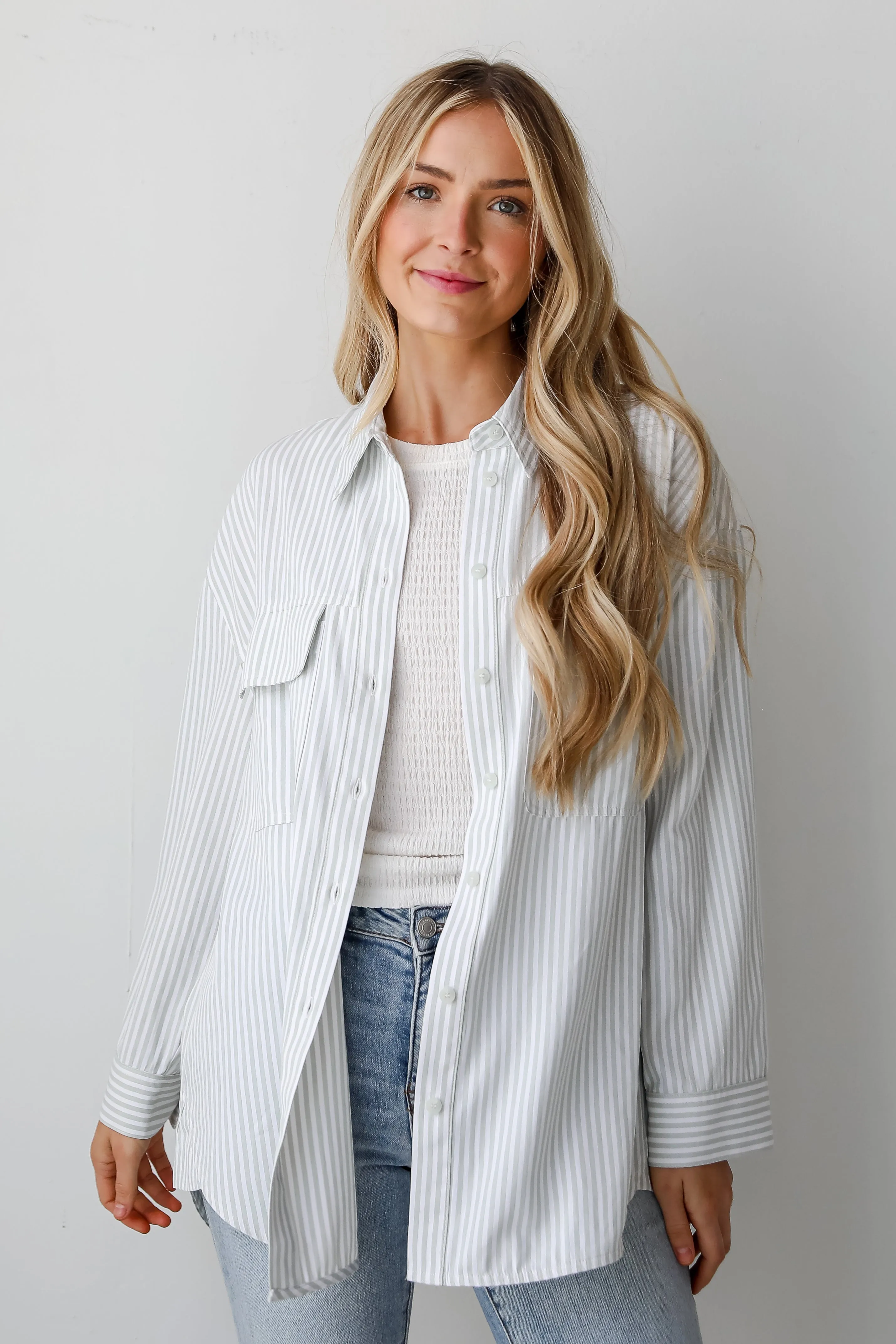 FINAL SALE - Easygoing Mentality Sage Striped Button-Up Blouse