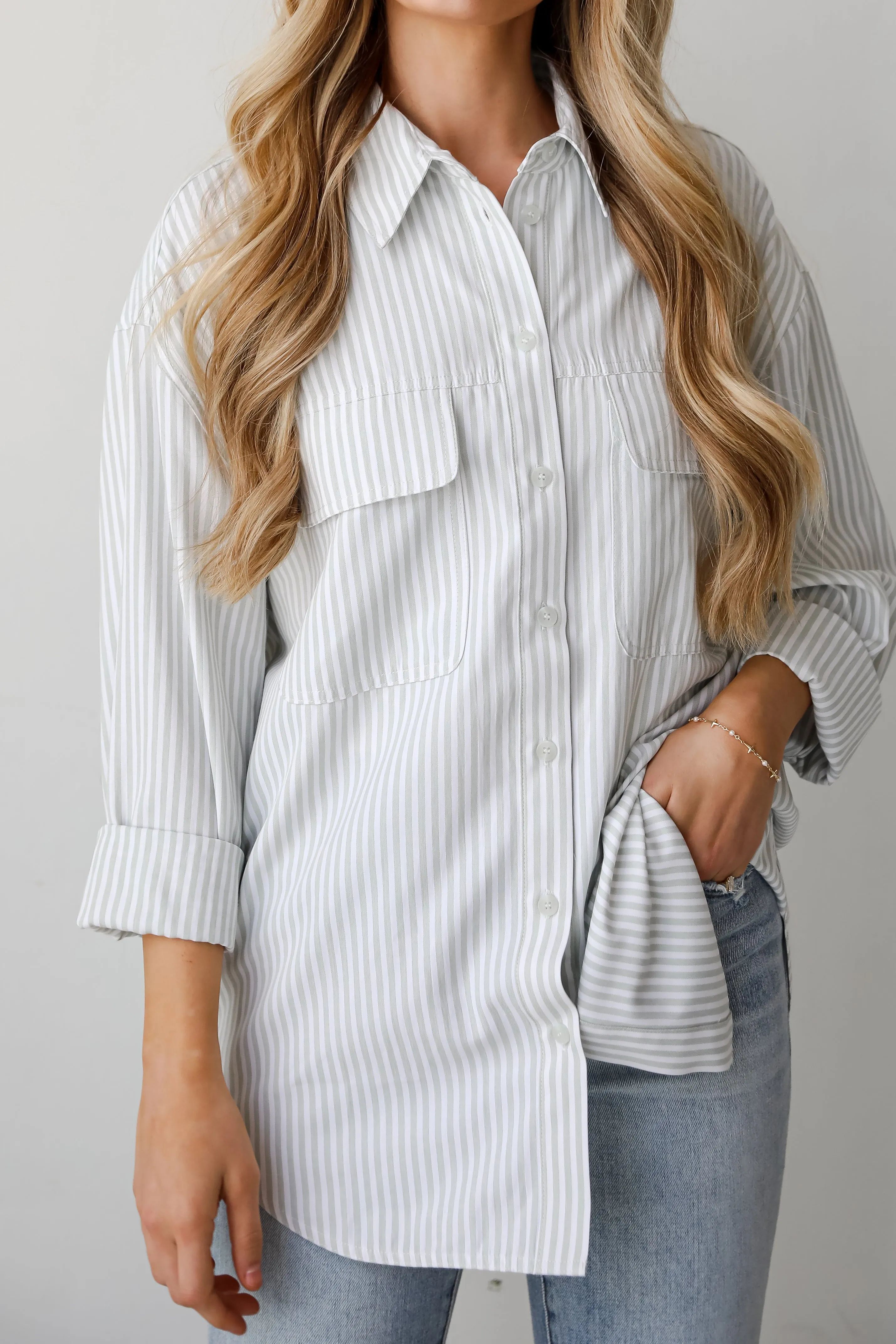 FINAL SALE - Easygoing Mentality Sage Striped Button-Up Blouse