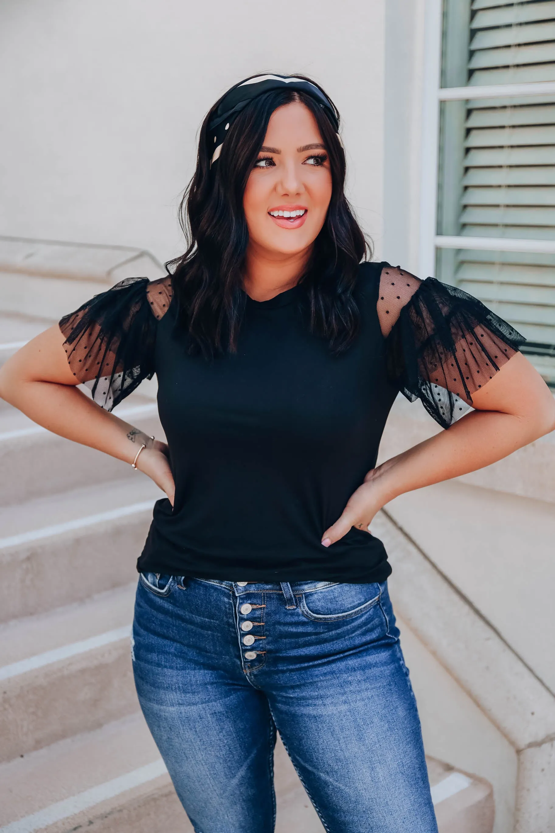 Full Of Style Ruffle Sleeve Top- Black - FS