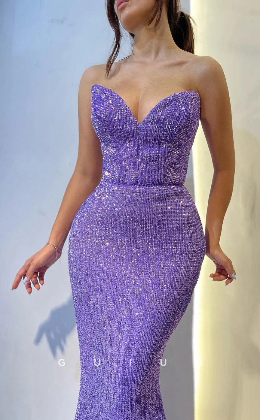 G2508 - Sexy Chic V-Neck Sequins Purple Long Mermaid Prom Evening Dress