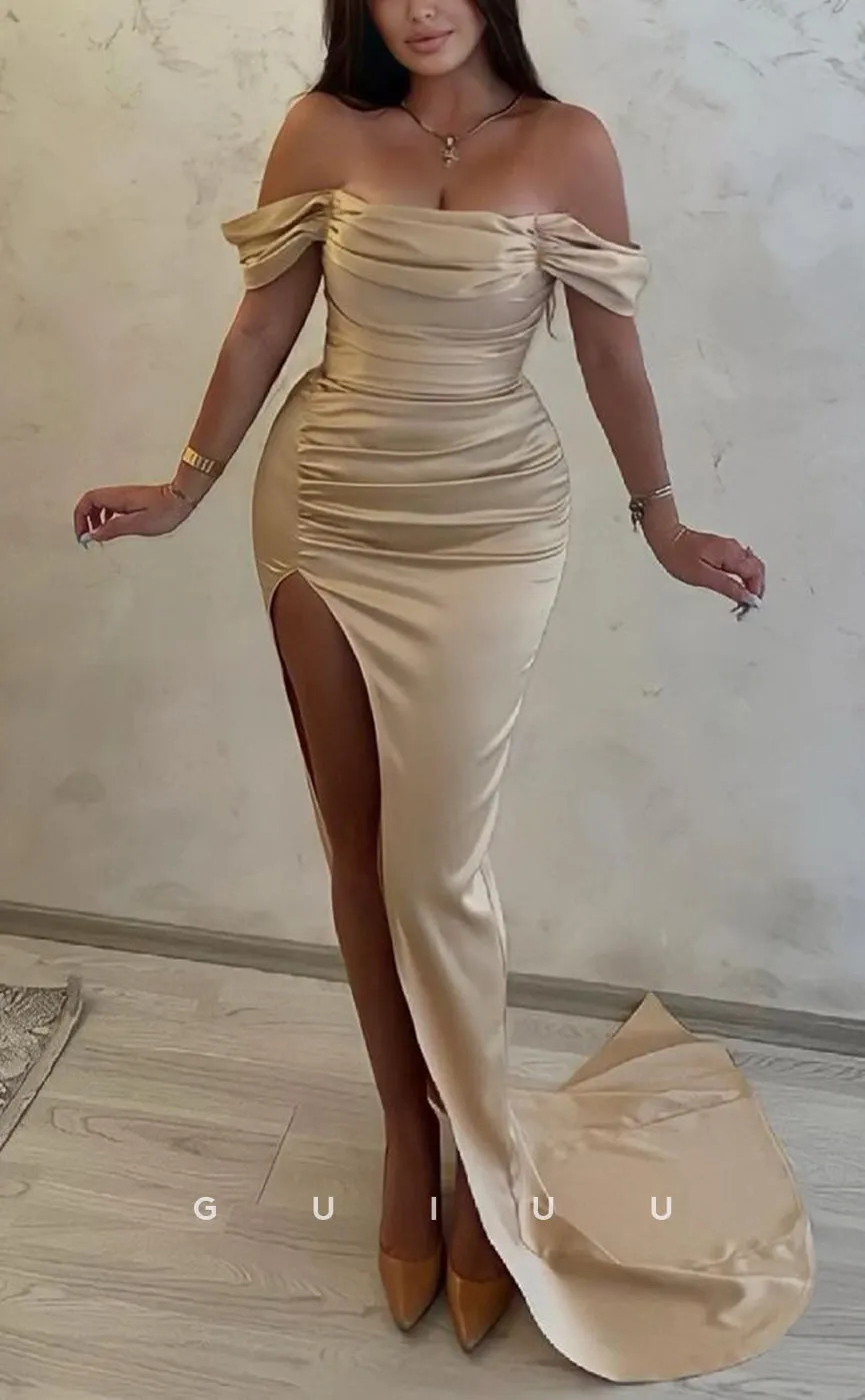 G2536 - Chic & Modern  Off-Shoulder Satin Ruched Long Prom Evening Dress