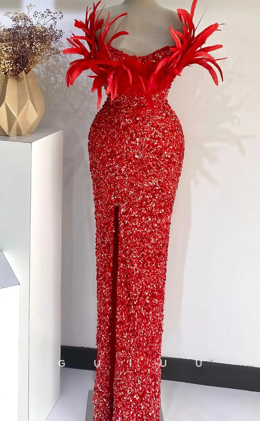 G2734 - Chic & Modern Glitter Sequins Strapless Feather Red Long Porm Evening Dress