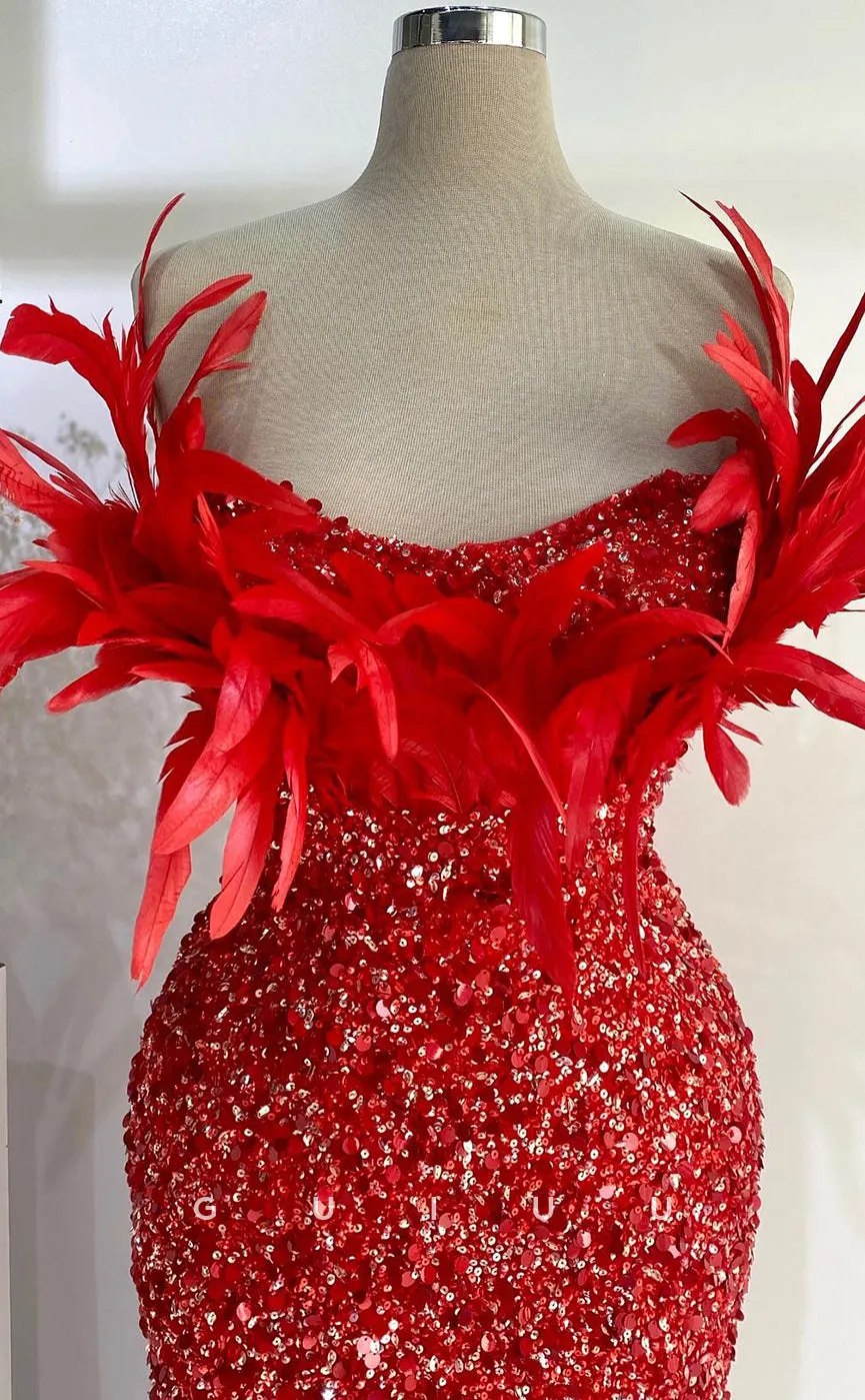 G2734 - Chic & Modern Glitter Sequins Strapless Feather Red Long Porm Evening Dress