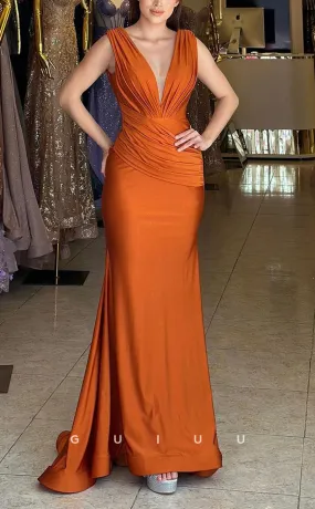 G2770 - Chic & Modern Fitted V-Neck Ruched Long Prom Evening Dress