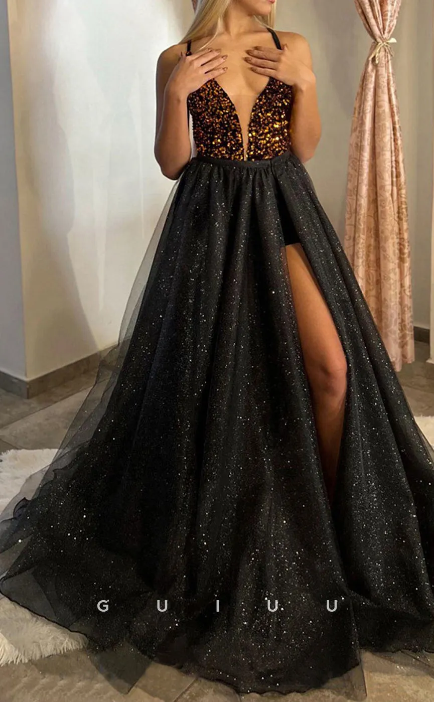 G2809 - A-Line Glitter V-Neck Straps Two Piece Tulle Prom Evening Dress