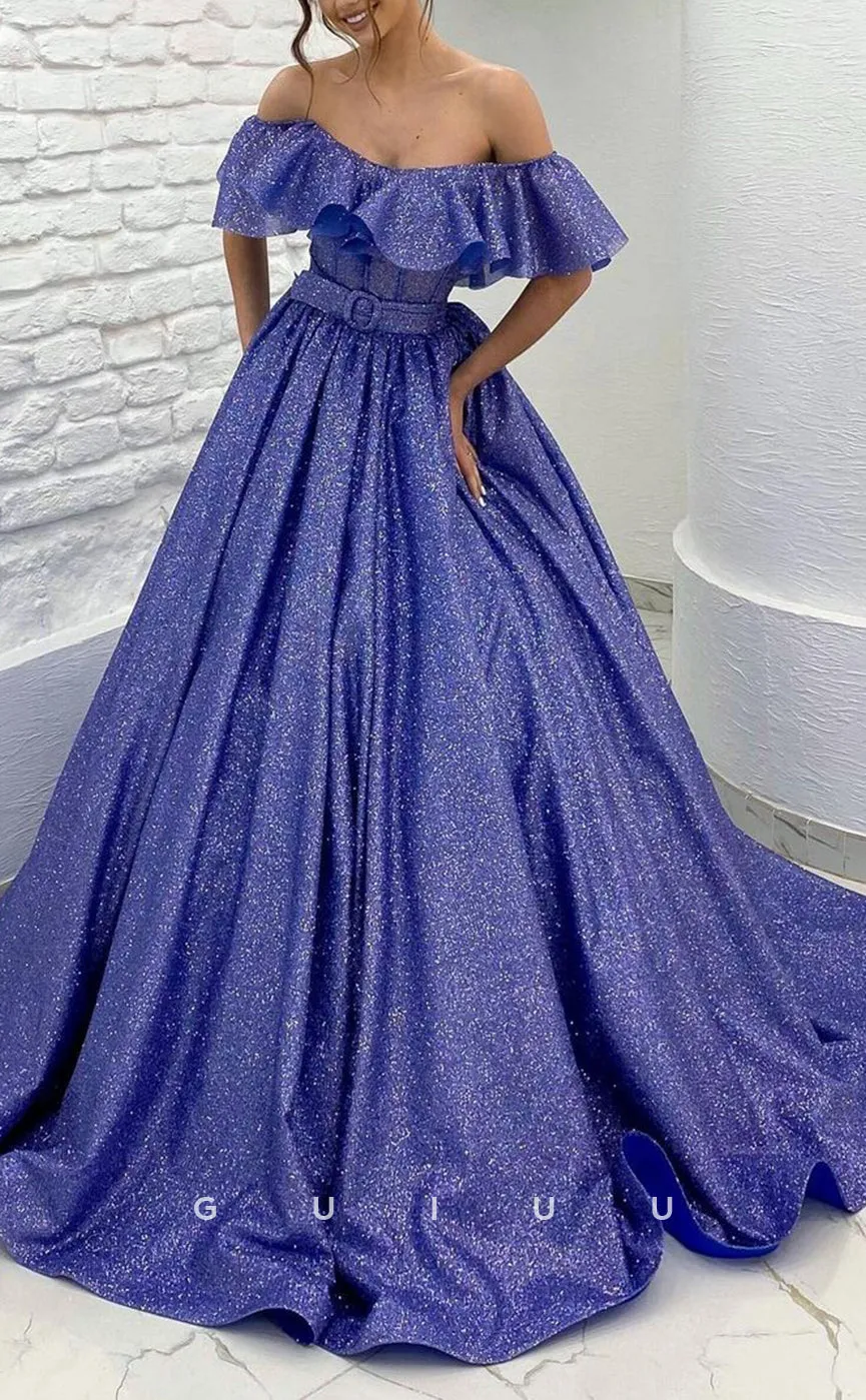 G2829 - Chic & Elegant A-Line Off-Shoulder Glitter Long Prom Evening Dress