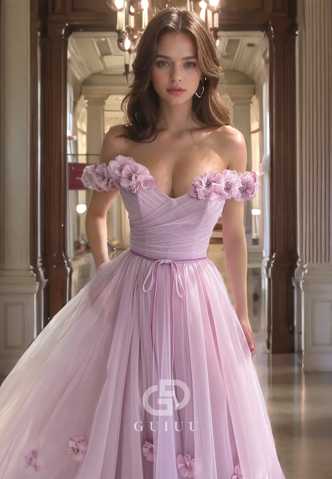 G3043 - Chic & Modern Off-Shoulder Floral Embossed Pleats Tulle Prom Dress With Slit