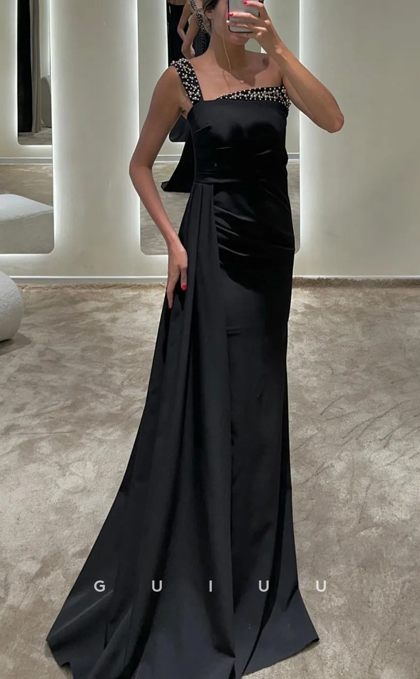 G3058 - Chic & Modern One Shoulder Beaded Pleats Satin Long Formal Prom Dress