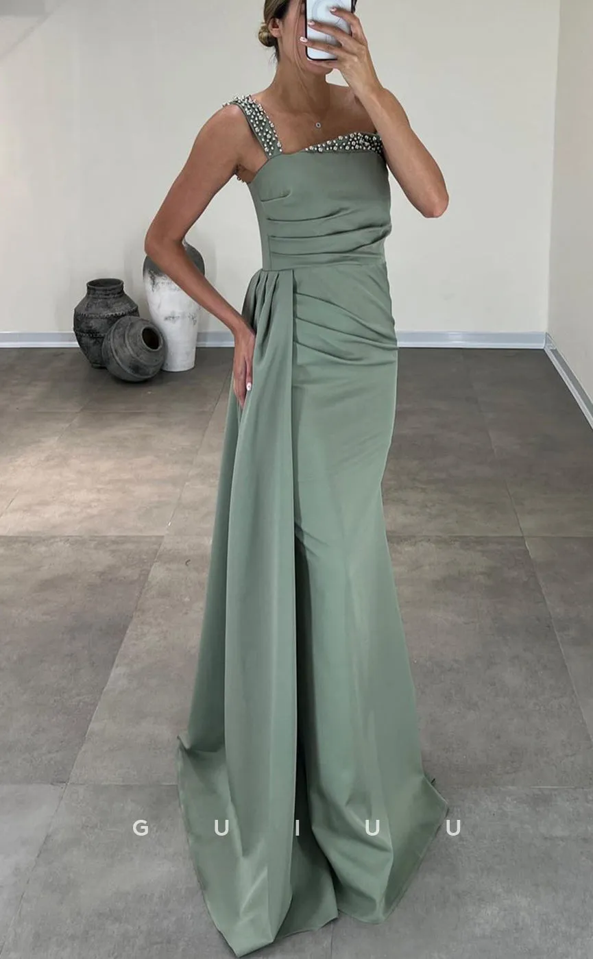 G3058 - Chic & Modern One Shoulder Beaded Pleats Satin Long Formal Prom Dress