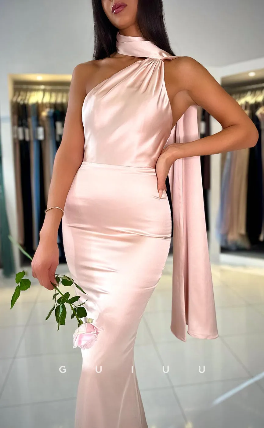 G3077 - Chic & Modern One Shoulder Halter Satin Backless Long Formal Prom Dress