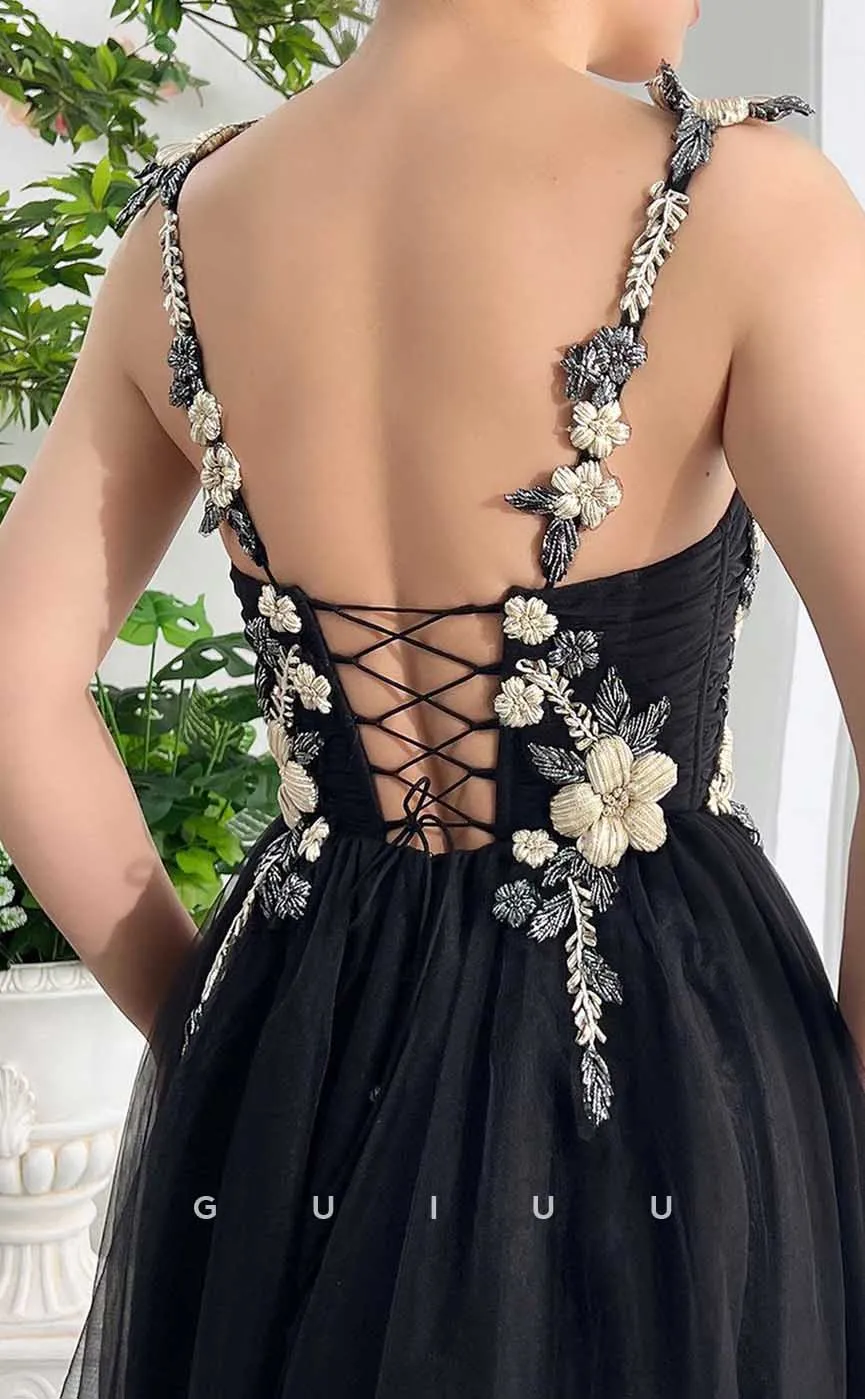 G4448 - Classic & Chic A-Line Tulle Square Appliques Lace-Up Prom Party Dress with Special Straps