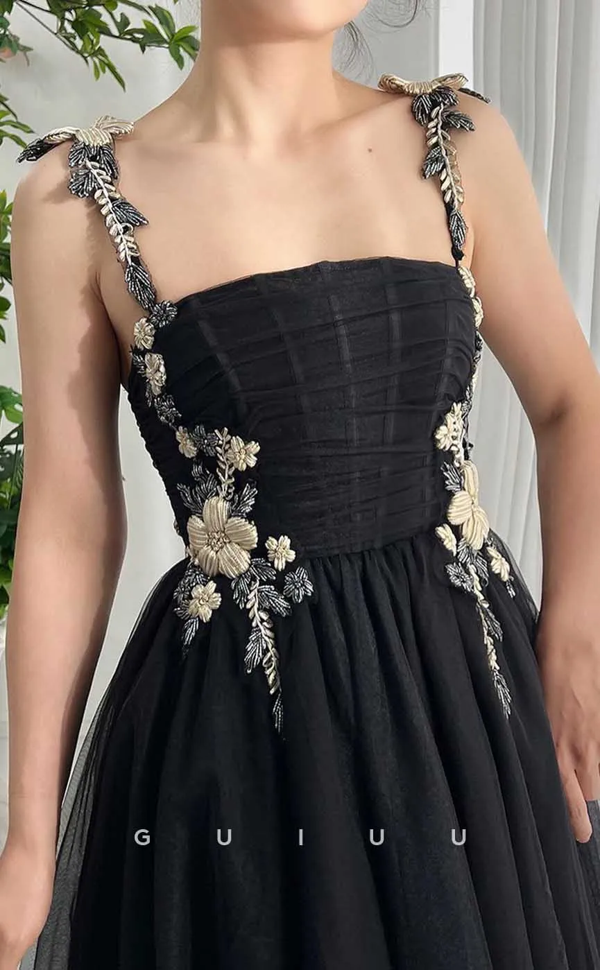 G4448 - Classic & Chic A-Line Tulle Square Appliques Lace-Up Prom Party Dress with Special Straps