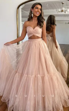 G4629 - Chic & Modern A-Line Two Pieces Strapless Off-Shoulder Tulle Pink Long Prom Dress