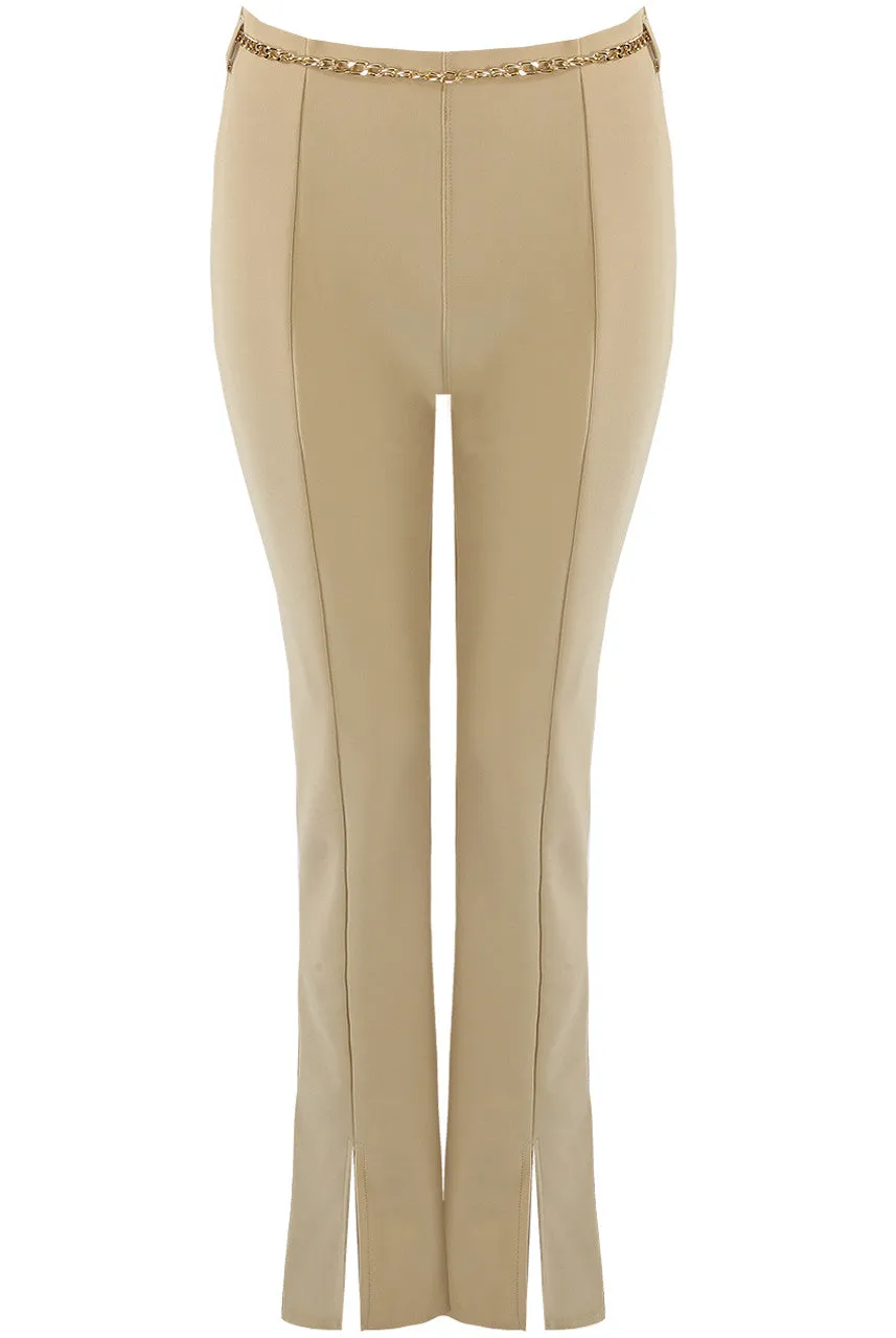 High Waisted Fit and Flare Trousers With Side Split And Chain Belt