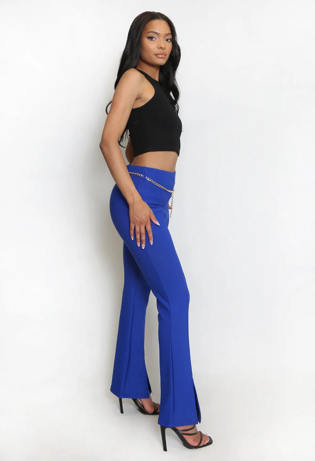 High Waisted Fit and Flare Trousers With Side Split And Chain Belt