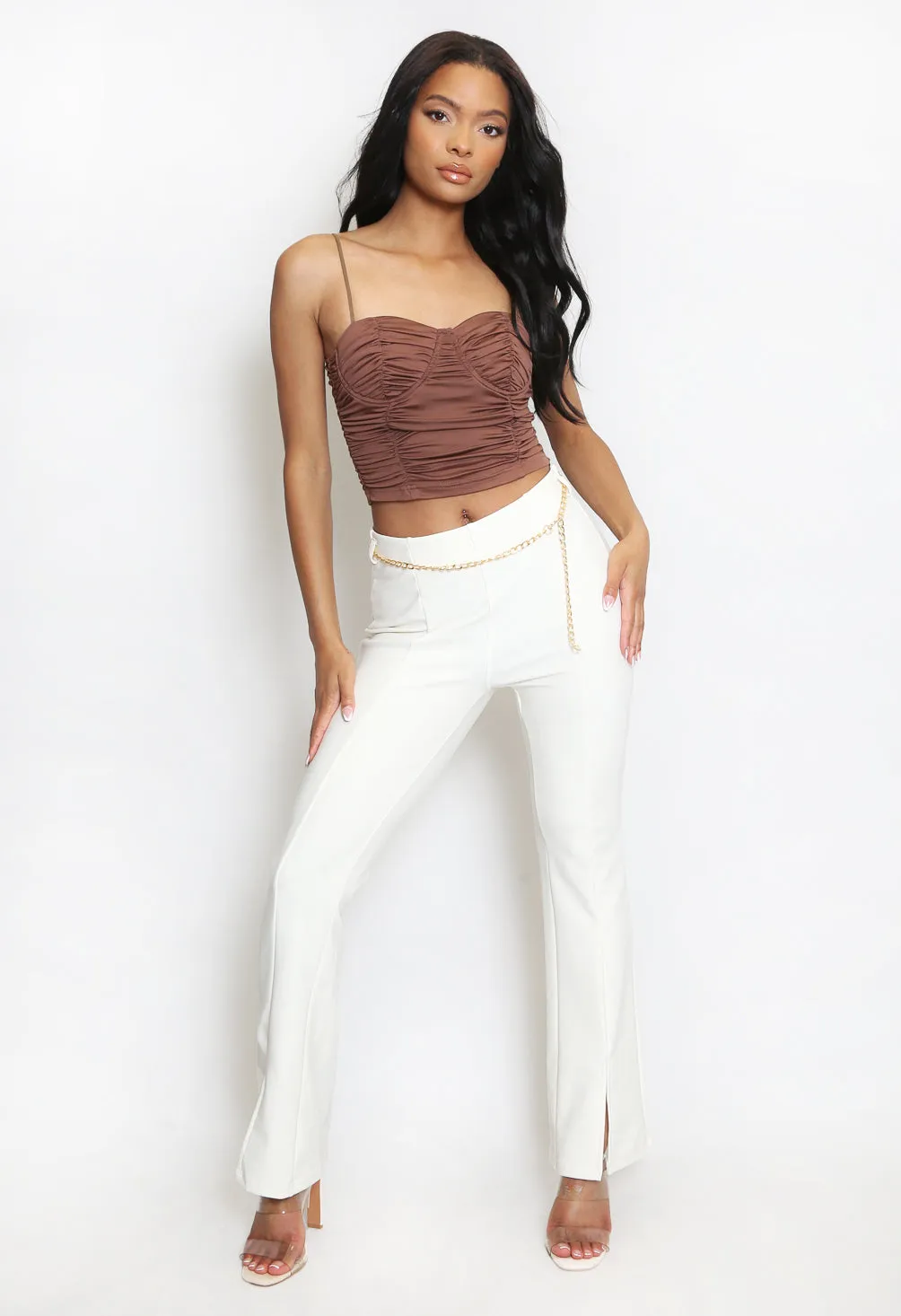 High Waisted Fit and Flare Trousers With Side Split And Chain Belt