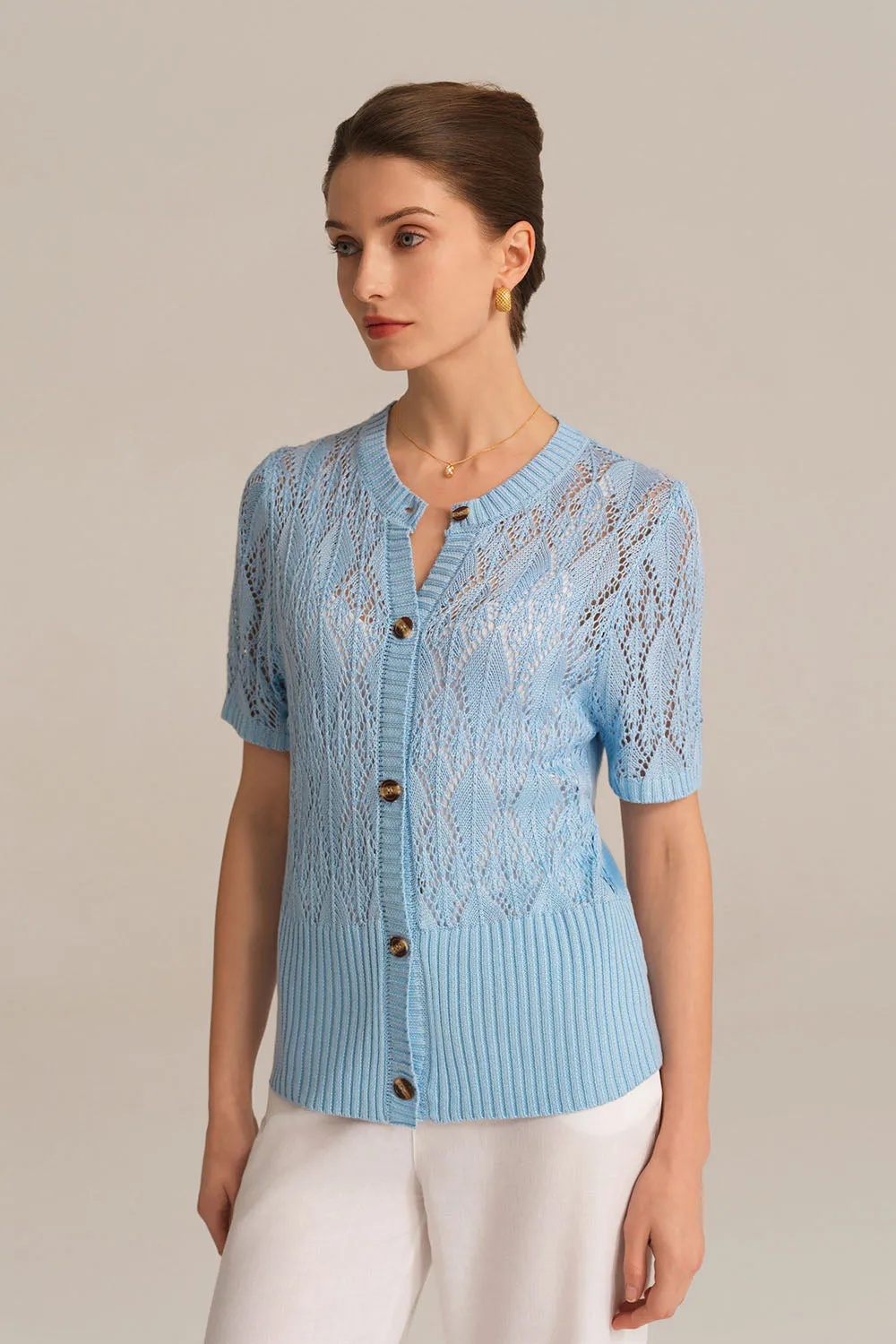 Hollowed-out Short Sleeve Crew Neck Button-up knitted Cardigan - Blue