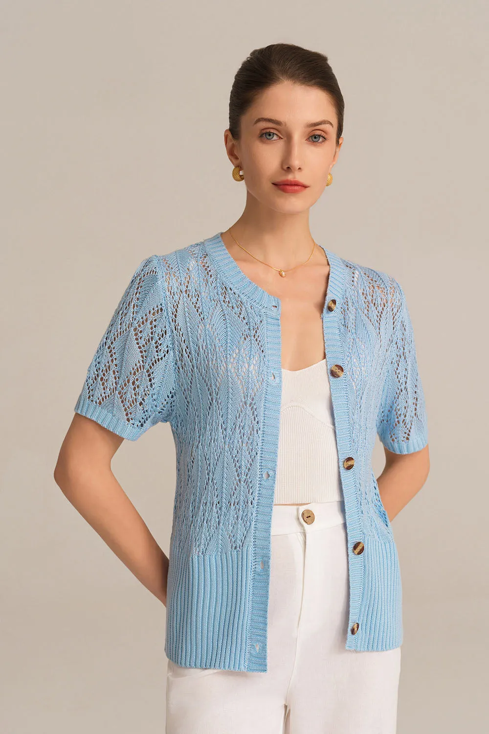 Hollowed-out Short Sleeve Crew Neck Button-up knitted Cardigan - Blue