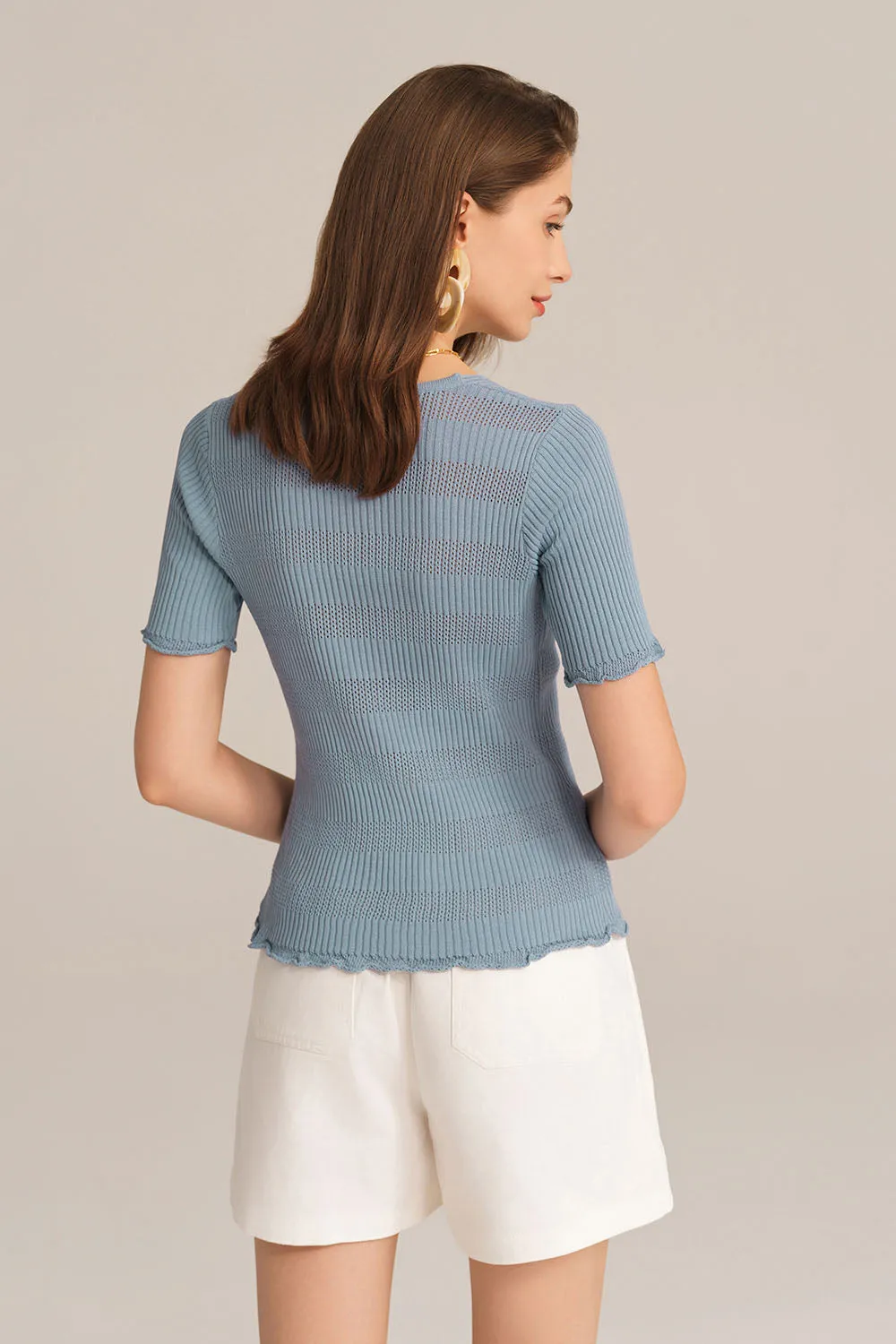 Hollowed-out V-Neck Short Sleeve Button-up Sweater Knitted Cardigan - Blue