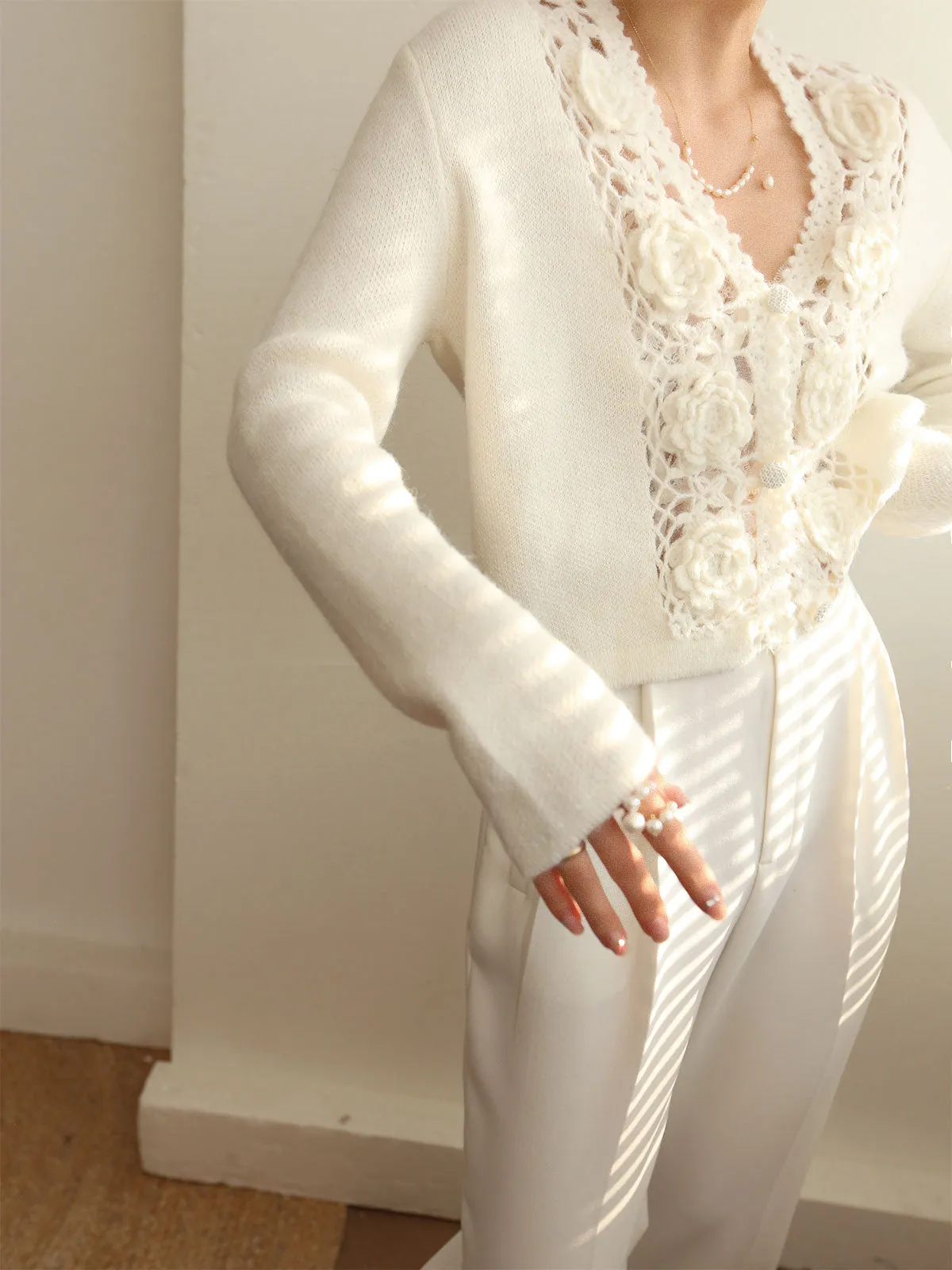 Knit Floral Crocheted Trendy Hollow V-neck Cardigan