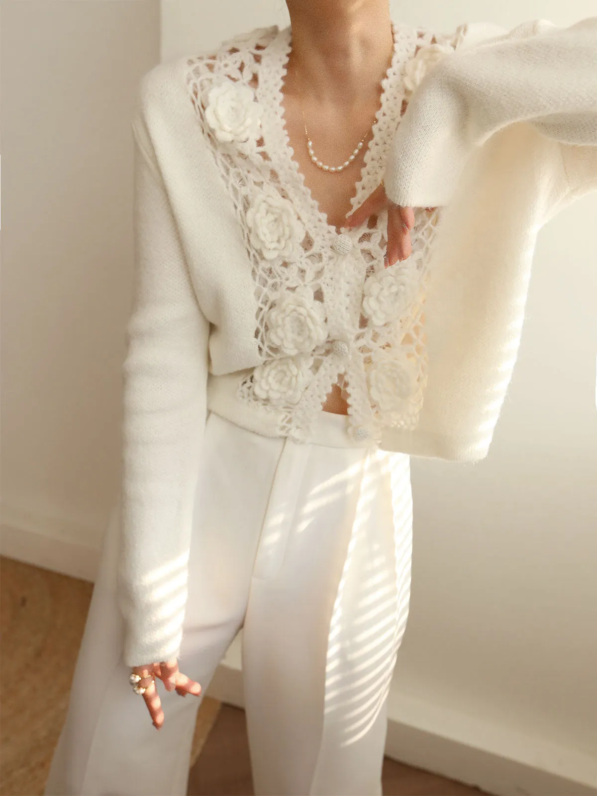 Knit Floral Crocheted Trendy Hollow V-neck Cardigan