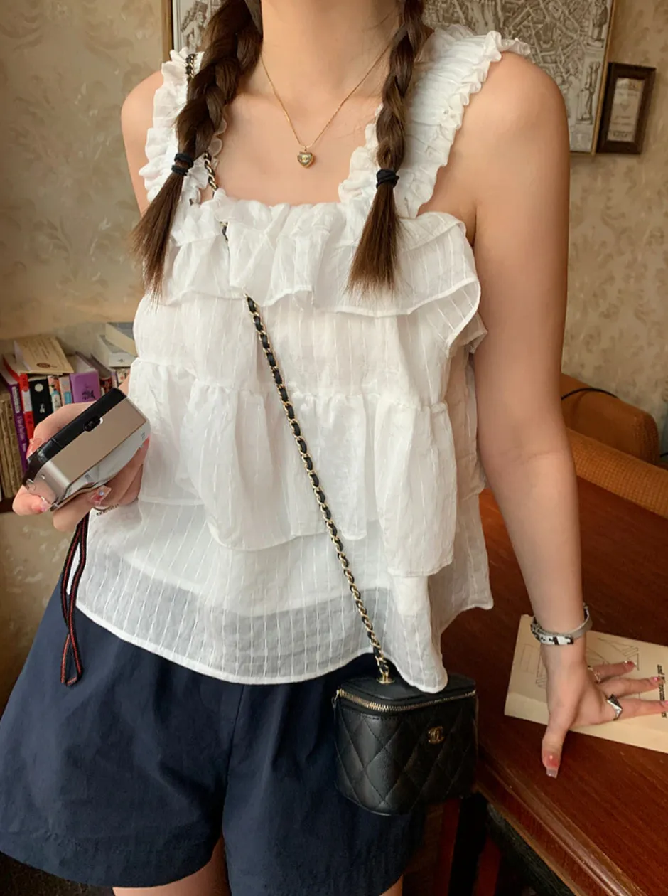 [Korean Style] Chic Square Sleeveless Ruffle Top