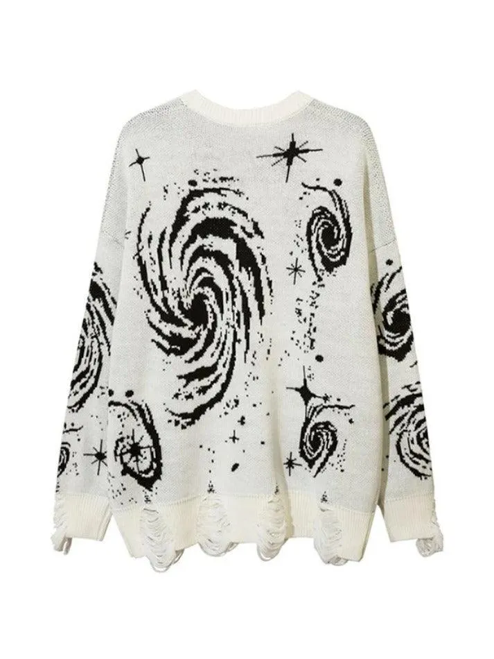 LANFUBEISI - Swirl Print Ripped Design Sweater