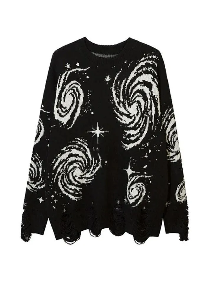 LANFUBEISI - Swirl Print Ripped Design Sweater