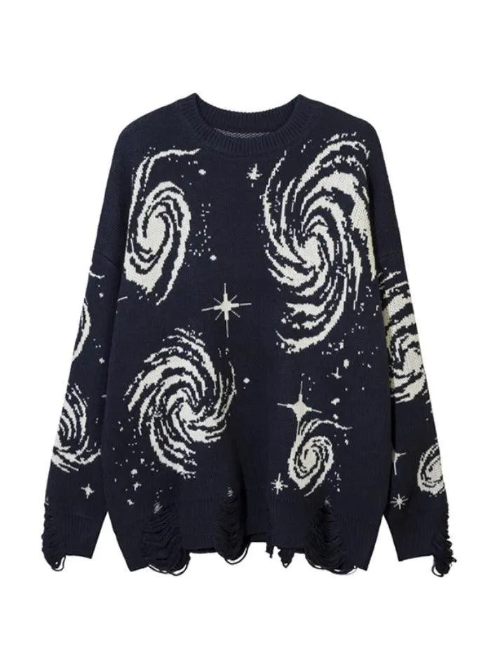 LANFUBEISI - Swirl Print Ripped Design Sweater